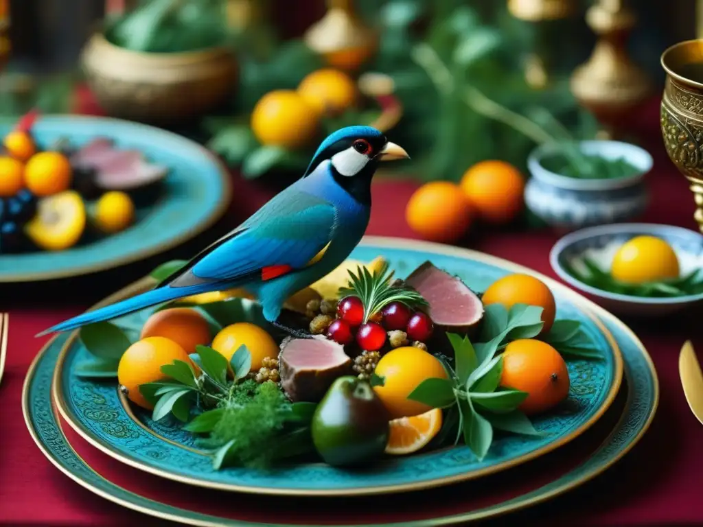 Un banquete medieval con aves exóticas, una escena rica en historia y colorido culinario