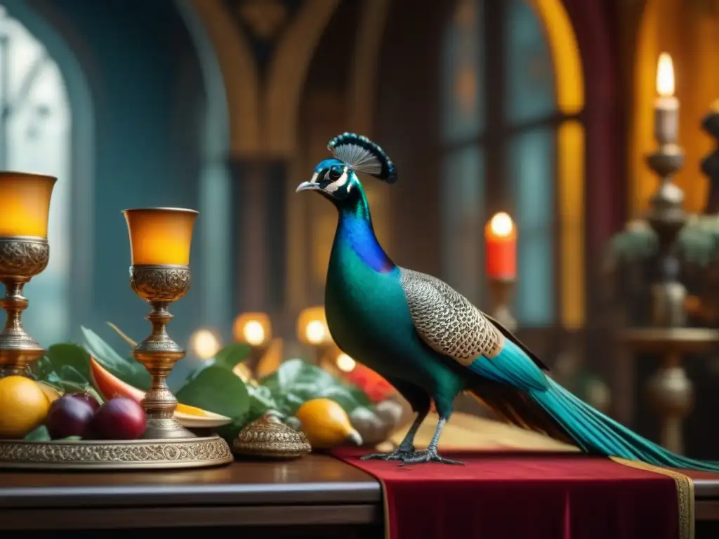 Un banquete medieval con aves exóticas, un festín opulento y una atmósfera llena de historia y grandiosidad