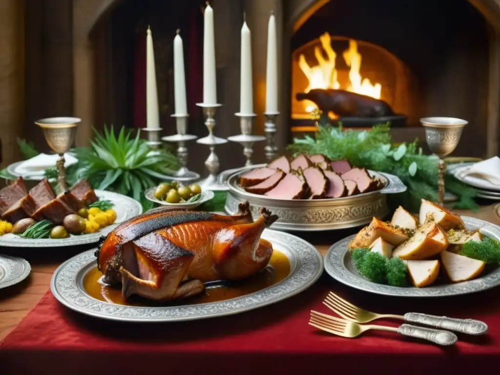 Banquete medieval: mesa repleta de manjares y opulencia Un banquete medieval con carnes en cocina cultural, rodeado de lujo y opulencia