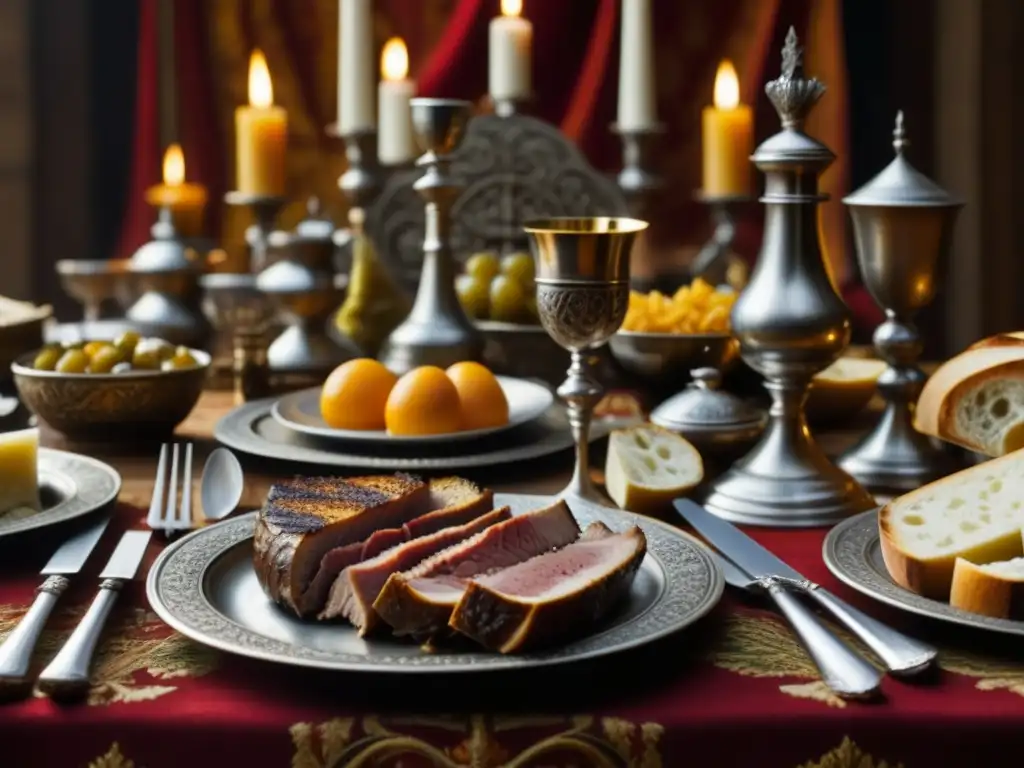 Banquete medieval de los cruzados con mesa lujosa y alimentos exquisitos