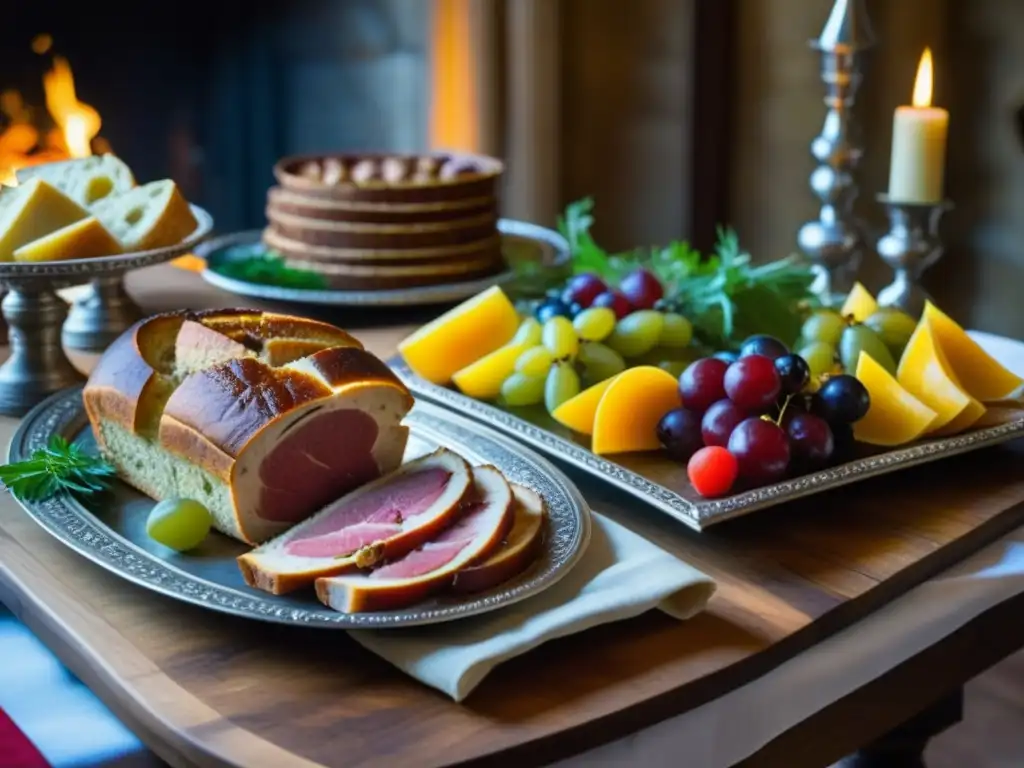 Un banquete medieval bellamente decorado con una variedad de platos y postres en platos de plata y tablas de madera