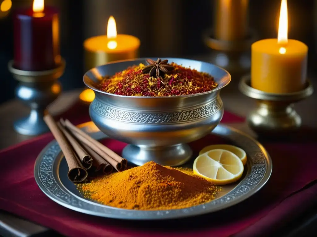 Un banquete medieval con una exuberante exhibición de especias: azafrán rojo, canela, cúrcuma y clavos en una mesa iluminada por velas