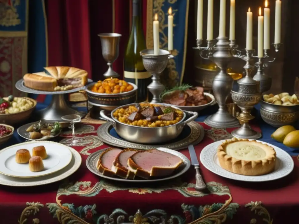 Un banquete medieval con manjares variados y opulentos, incluyendo carnes asadas, pasteles, frutas y copas de vino