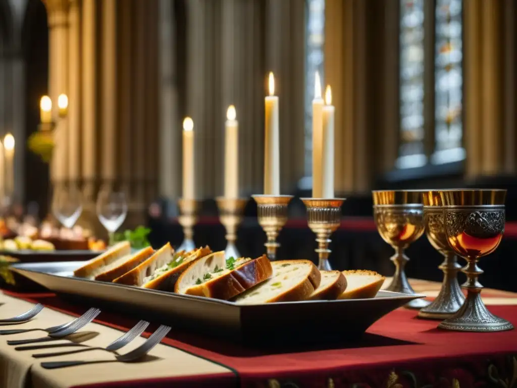 Banquete medieval en la Abadía Westminster: mesa adornada con exquisiteces y ambiente de época iluminado por velas