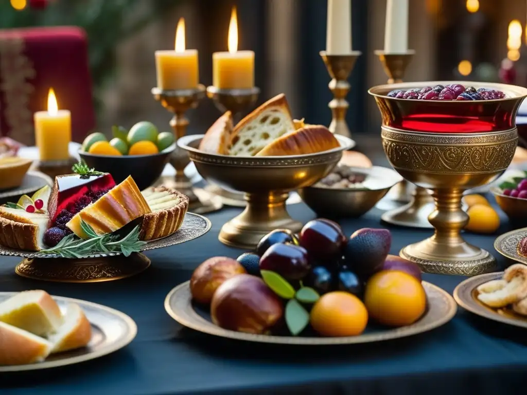 Un banquete medieval opulento con vino rojo en copa dorada y comida variada