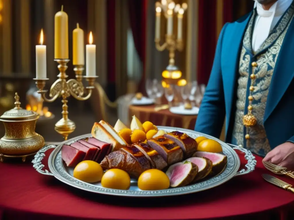 Un banquete medieval con platos históricos en una mesa lujosa de época