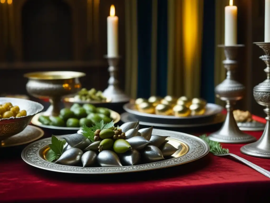 Banquete medieval con platos llenos de cardamomo, nobles conversando