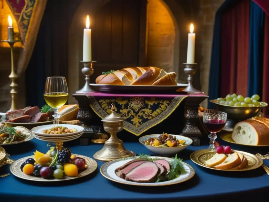 Un banquete medieval rebosante de delicias gastronómicas y opulencia, capturando la esencia de la Gastronomía Europa Medieval Recetas Históricas