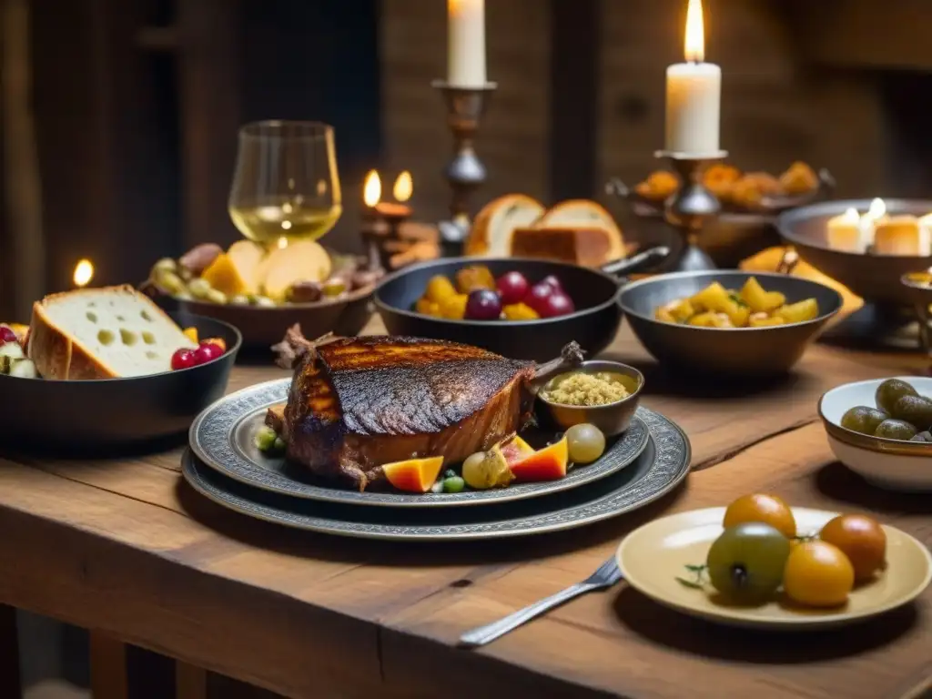 Un banquete medieval con recetas históricas Edad Media: carnes asadas, pan, frutas y vino en una mesa rústica iluminada por velas