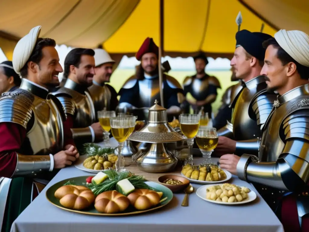 Un banquete militar renacentista: soldados rodean una mesa decorada con alimentos, inmersos en conversaciones animadas