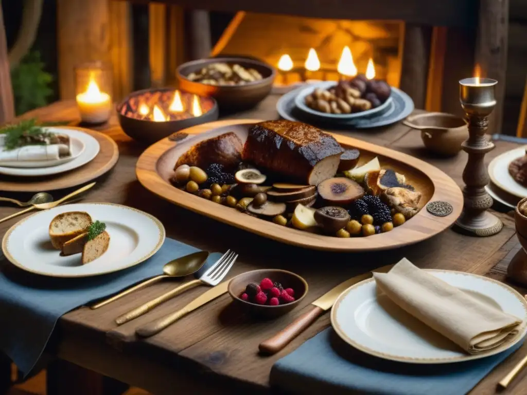 Un banquete nórdico previkingo con recetas históricas en una mesa de madera rústica iluminada por velas