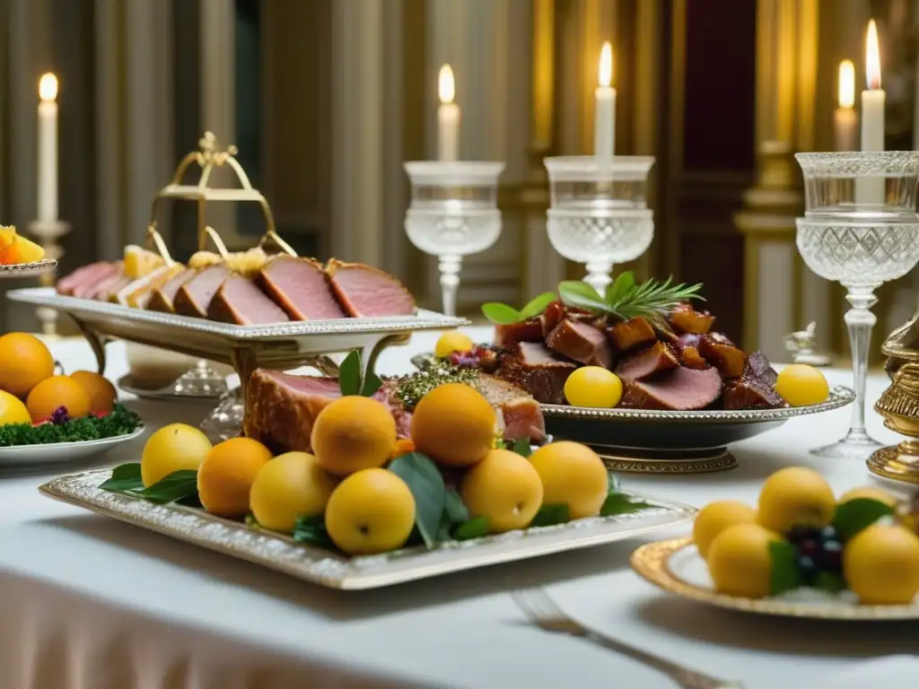 Un banquete opulento en una mansión francesa barroca, con platos decadentes y elegante vajilla