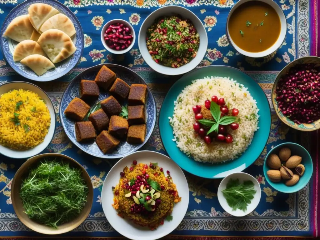 Un banquete persa exquisito y colorido en un mantel intrincado