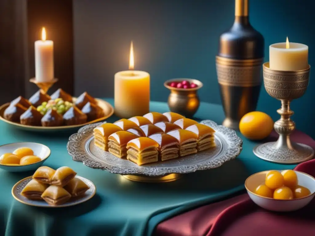 Un banquete de postres históricos de diferentes culturas en una mesa medieval iluminada por velas