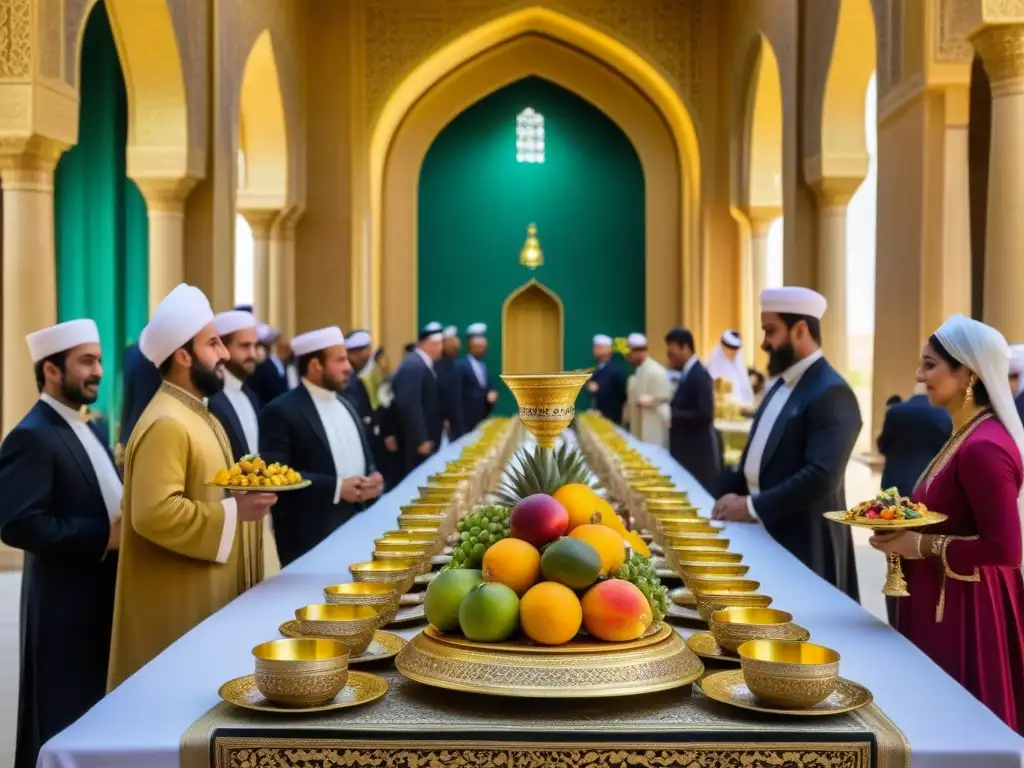 Banquete real en el Califato Abásida: mesa lujosa con platos dorados, copas engarzadas, frutas exóticas y comensales elegantes