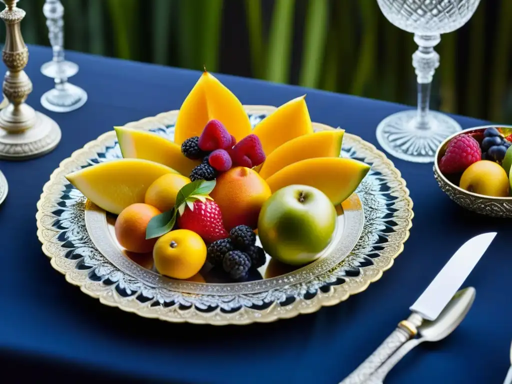 Banquete real en el Califato Abásida: Plato dorado con exóticas frutas y cubertería de plata