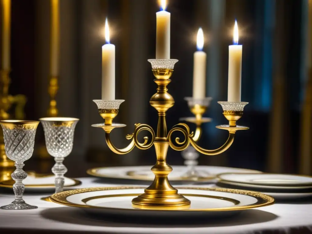 Un banquete real francés: candelabros dorados, porcelana delicada y cristalería, reflejando la influencia en la gastronomía actual