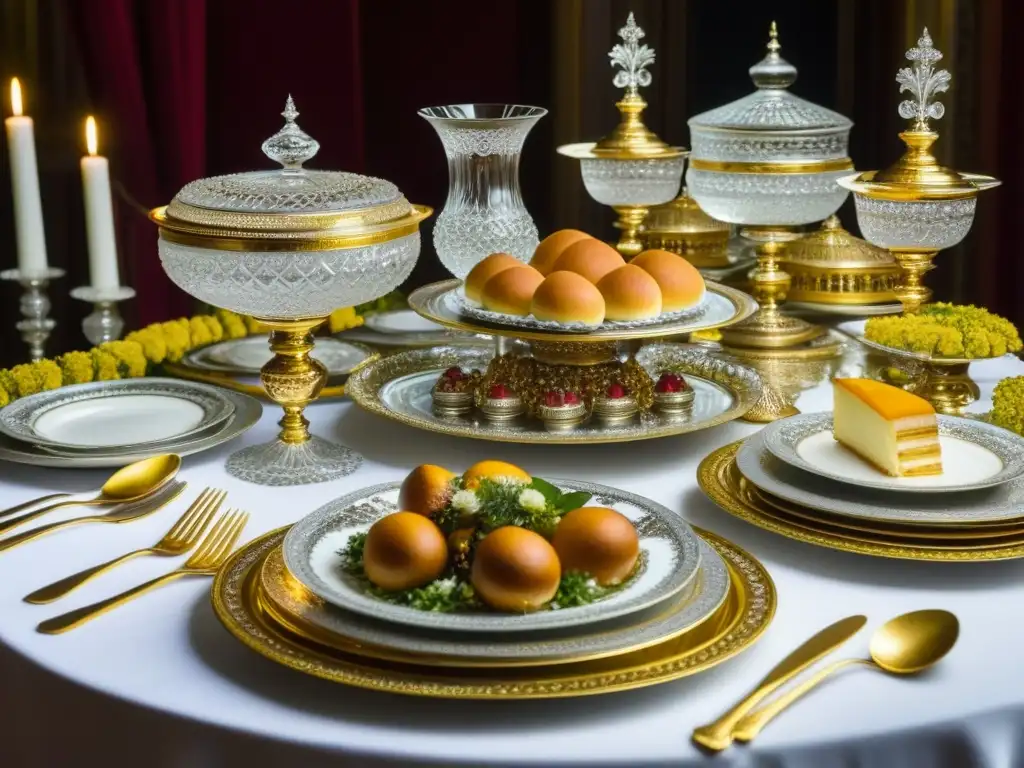 Un banquete real en la corte rusa: platos lujosos y opulentos adornan una mesa imperial con detalles exquisitos