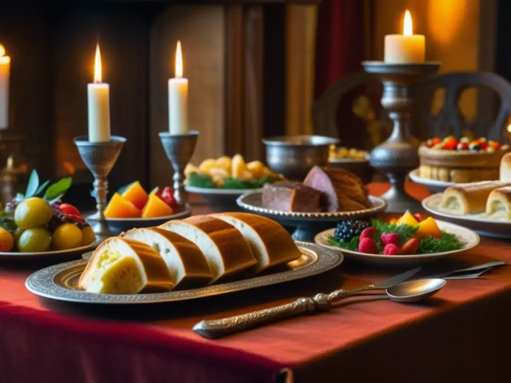 Un banquete real en la sociedad medieval: mesa llena de lujo, platos exquisitos, copas extravagantes y decoración detallada