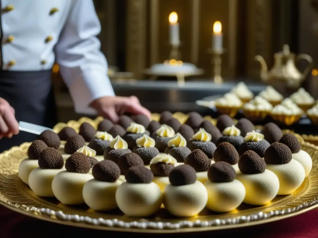 Un banquete real con trufas en matrimonios de nobleza: un chef prepara un exquisito hors d'oeuvre de trufas en una lujosa cocina