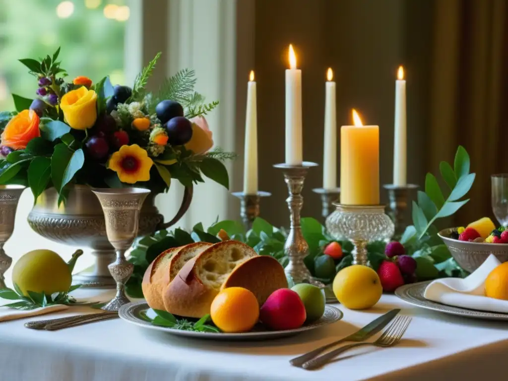 Un banquete renacentista de Leonardo da Vinci: mesa llena de lujo, frutas coloridas, pan recién horneado y flores vibrantes bajo luz de velas