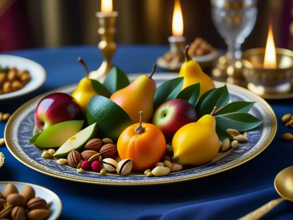 Un banquete renacentista: platos vibrantes con frutas, frutos secos y especias exóticas, en un escenario de nobles con vestimenta opulenta