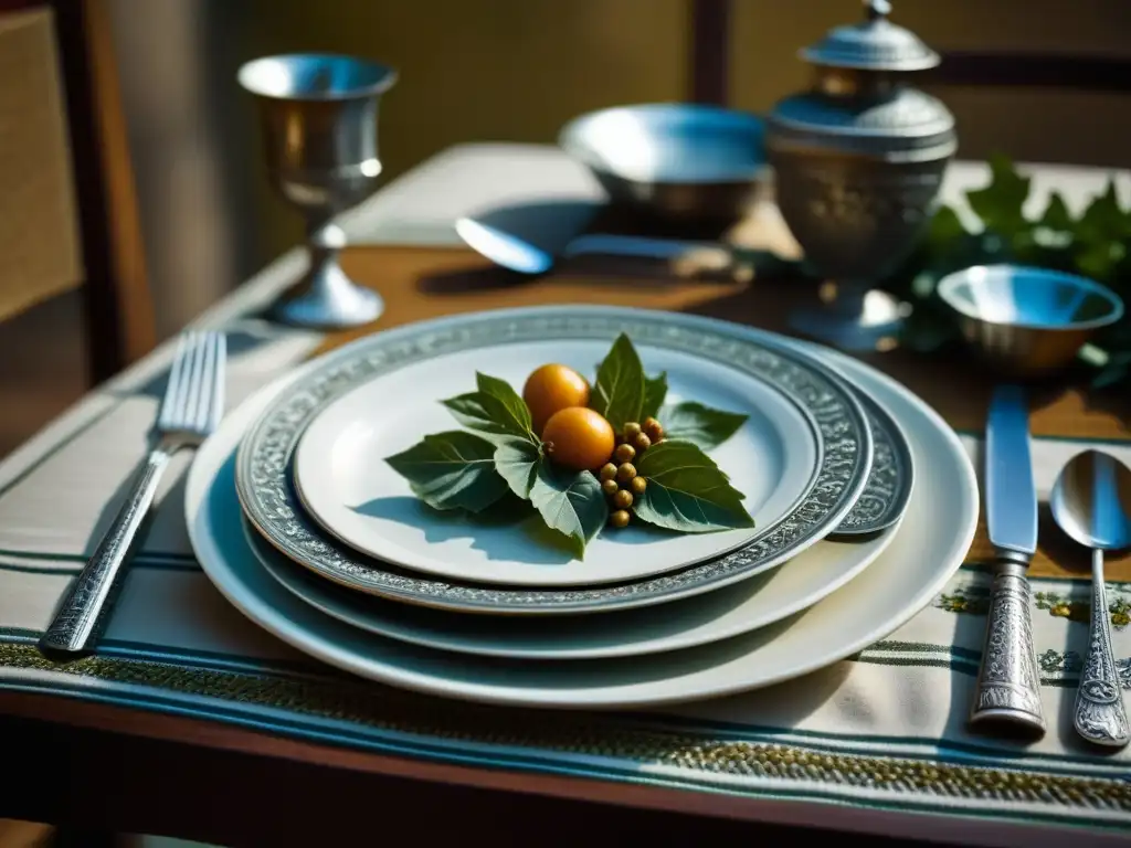 Un banquete romano detallado para un prandium, con vajilla ornamental y restos de comida antigua