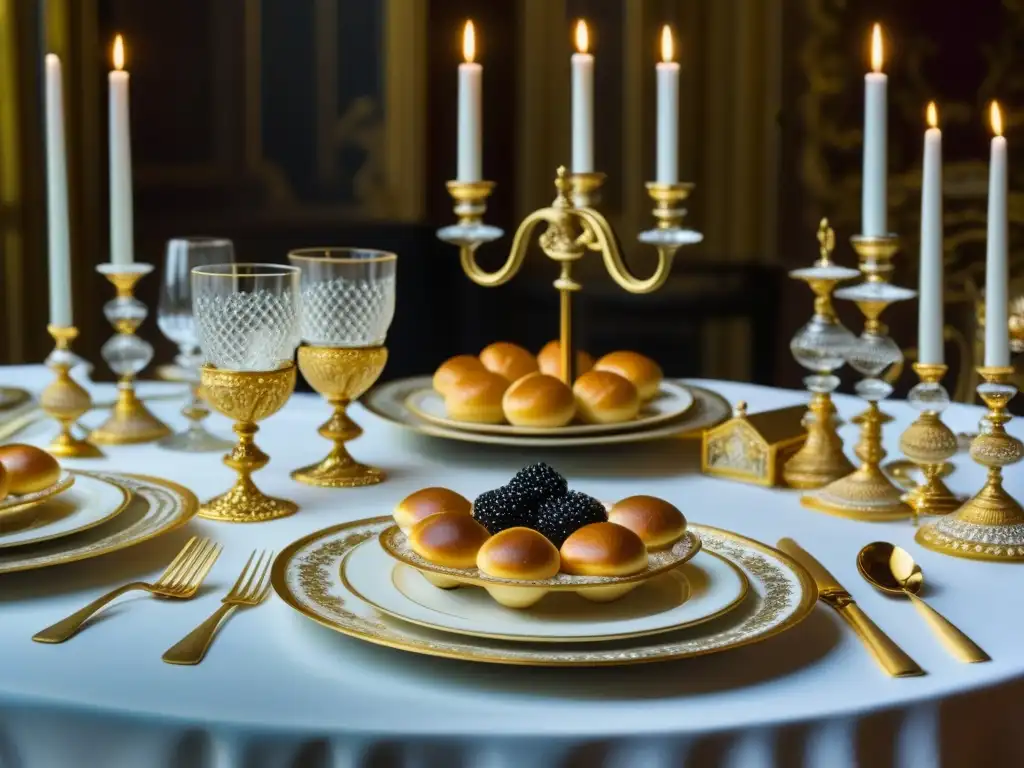 Un banquete ruso opulento y artístico: mesa exquisitamente decorada con delicadeza francesa, candelabros dorados y manjares exquisitos