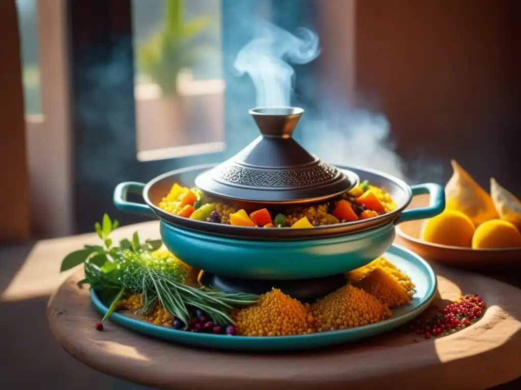 Un banquete tradicional en el Magreb: tagine marroquí con ingredientes vibrantes y fragantes, cocinando sobre fuego