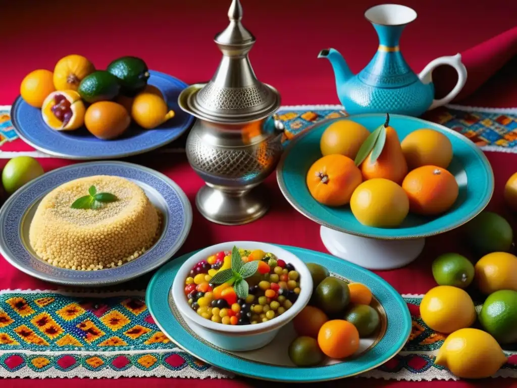 Un banquete tradicional en el Magreb: una mesa llena de couscous, tagines, pastelería y frutas, envuelta en colores y patrones vibrantes