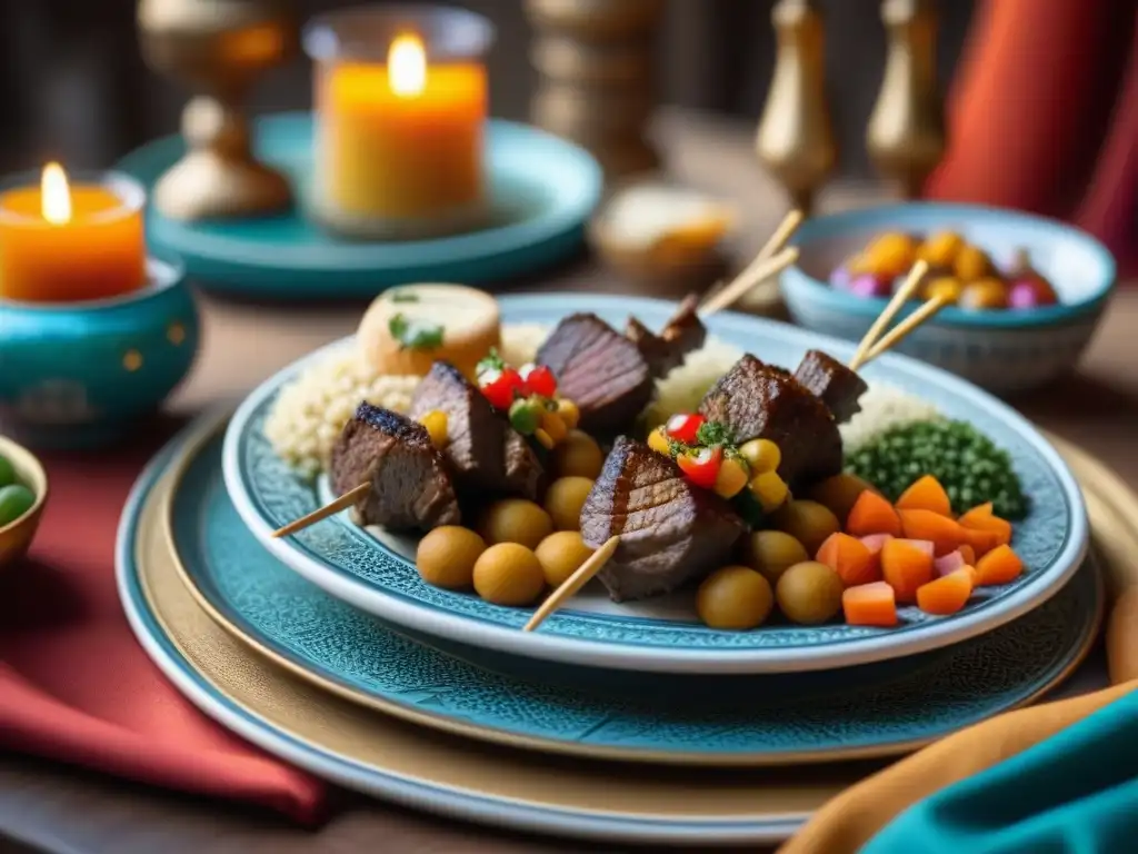 Un banquete tradicional en el Magreb: plato de bodas con couscous, cordero, verduras y pastelería de almendra, detallado y colorido