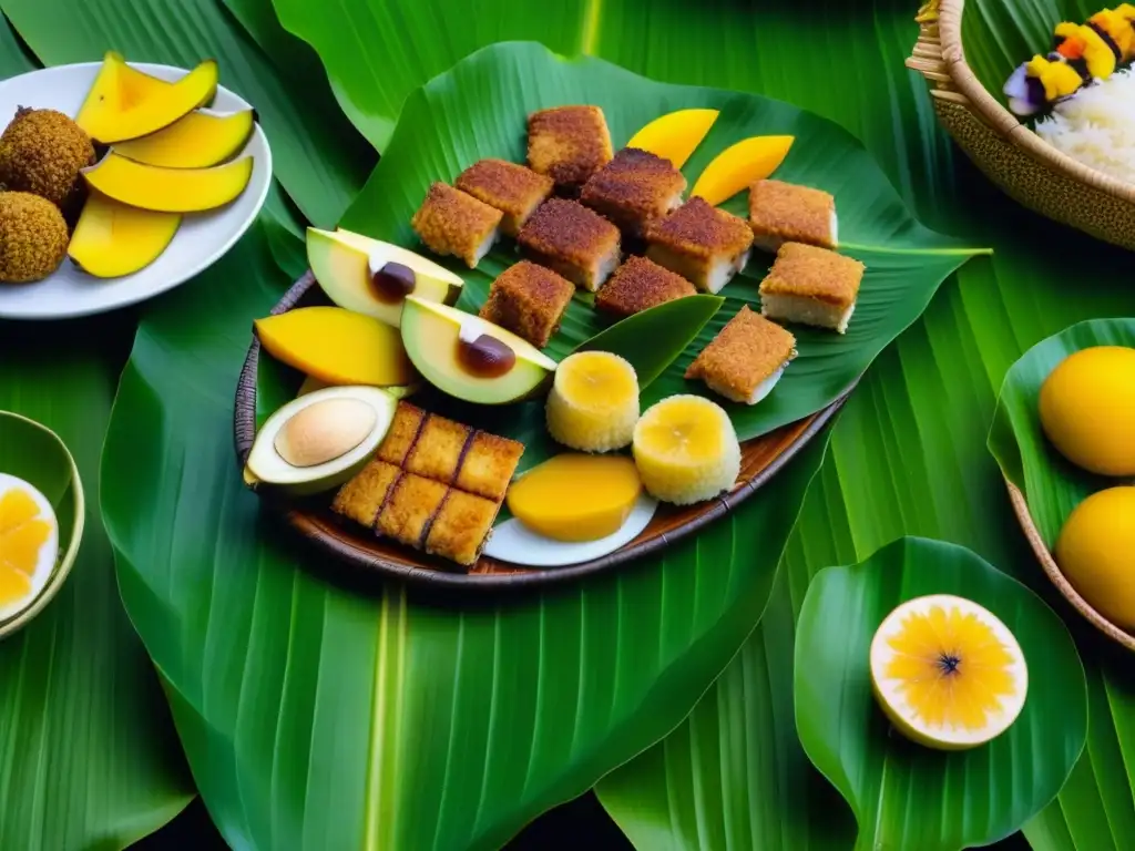 Un banquete tradicional micronesio en hoja de plátano con pescado de coco, budín de taro y frutas tropicales en eventos sociales