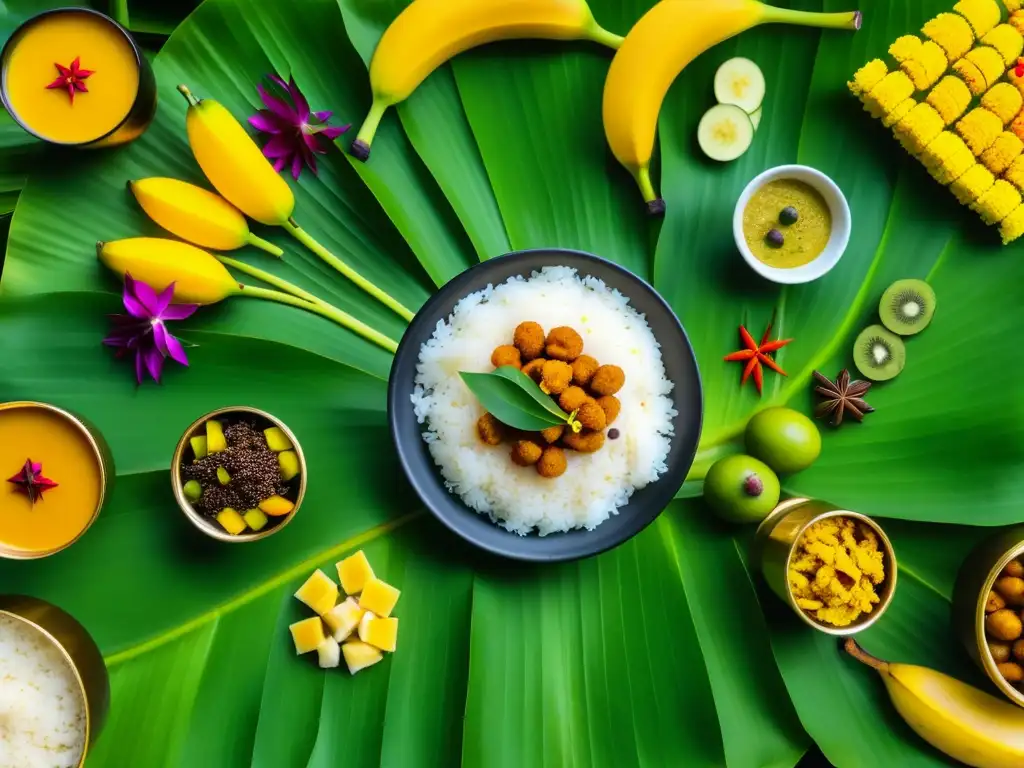 Un banquete tradicional de Onam en detalle, con platos como avial, olan y payasam, resaltando la rica cultura culinaria de la India