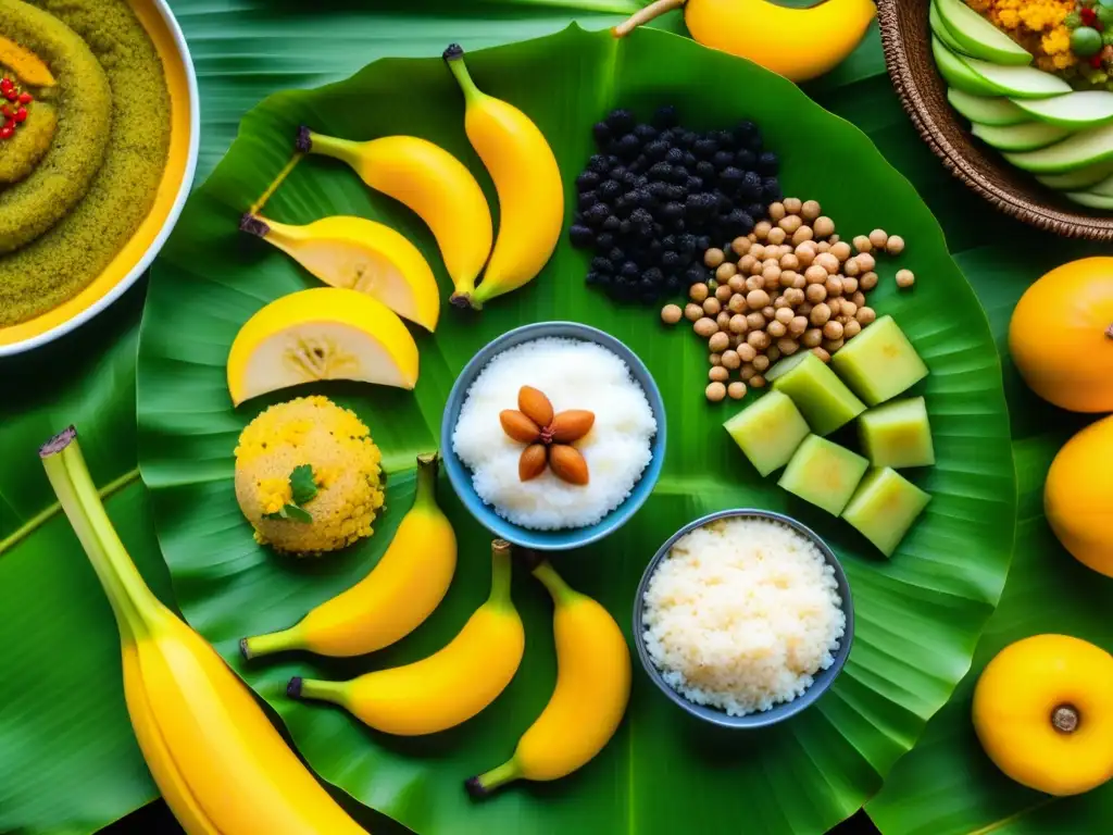 Un banquete tradicional de Onam en un plato de hoja de plátano, mostrando una variedad vibrante de recetas históricas culturas épocas contexto