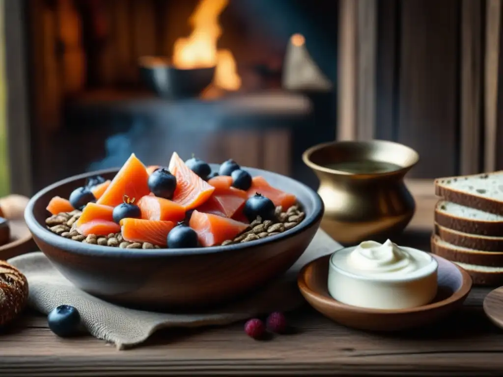 Un banquete vikingo: salmón ahumado, pan de centeno, skyr cremoso, bayas frescas y hidromiel, en un tazón de madera