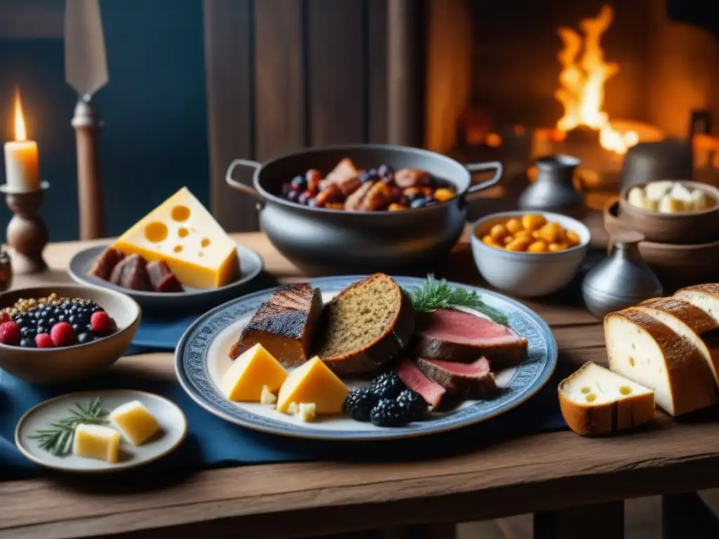 Un banquete vikingo detallado en una mesa de madera con comida tradicional, iluminado por velas