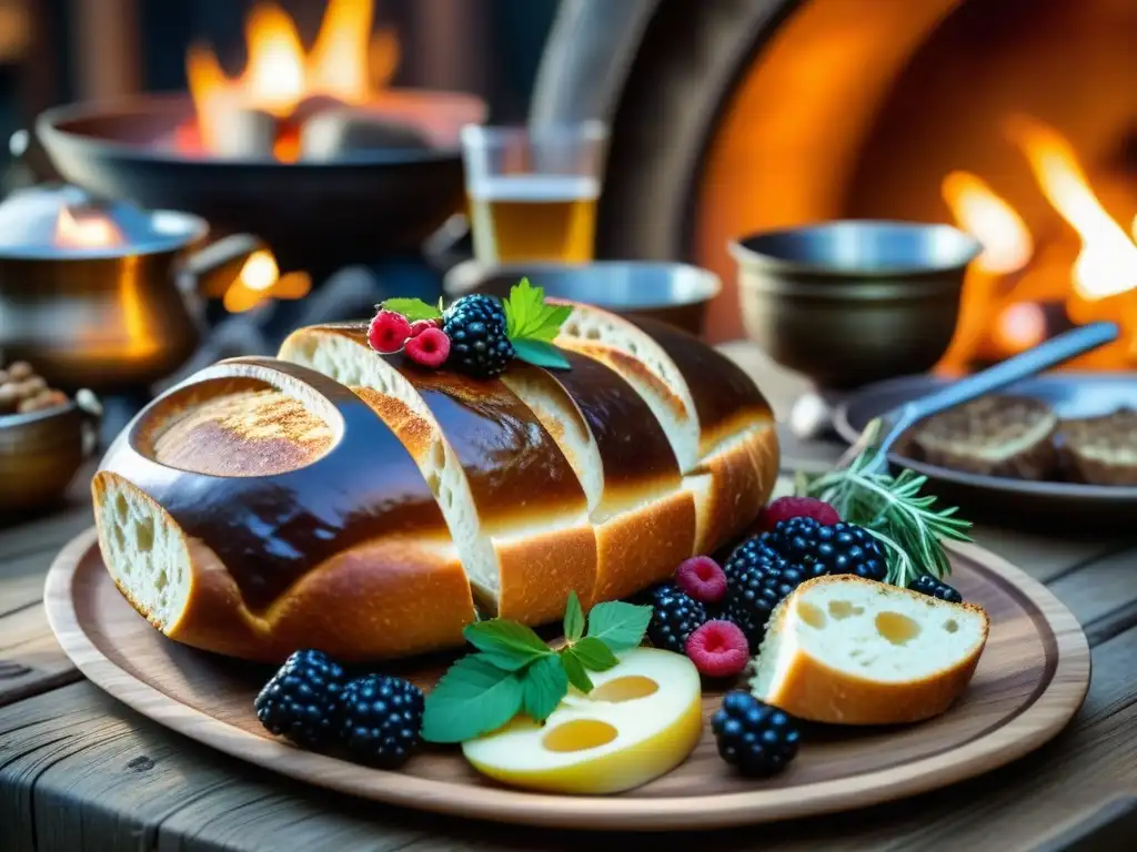 Banquete vikingo: preparación y festividad en una escena rústica con carne, pan, cuernos de bebida y vikingos celebrando