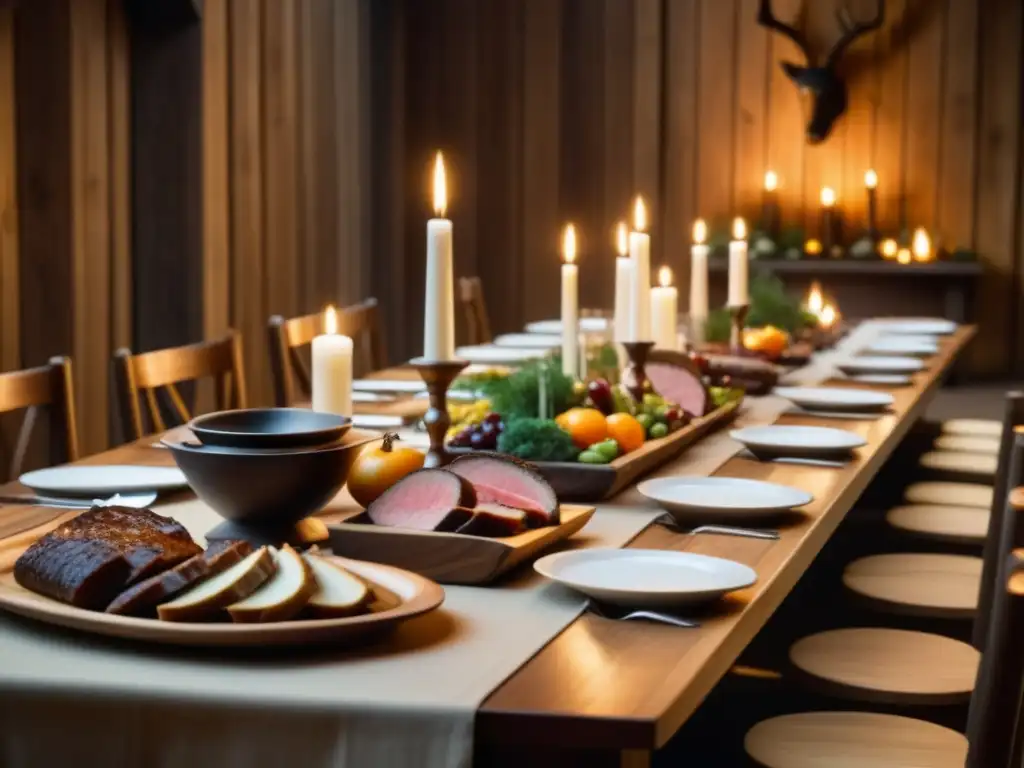 Banquete vikingo de preparación festiva en salón iluminado con velas y decoraciones rústicas