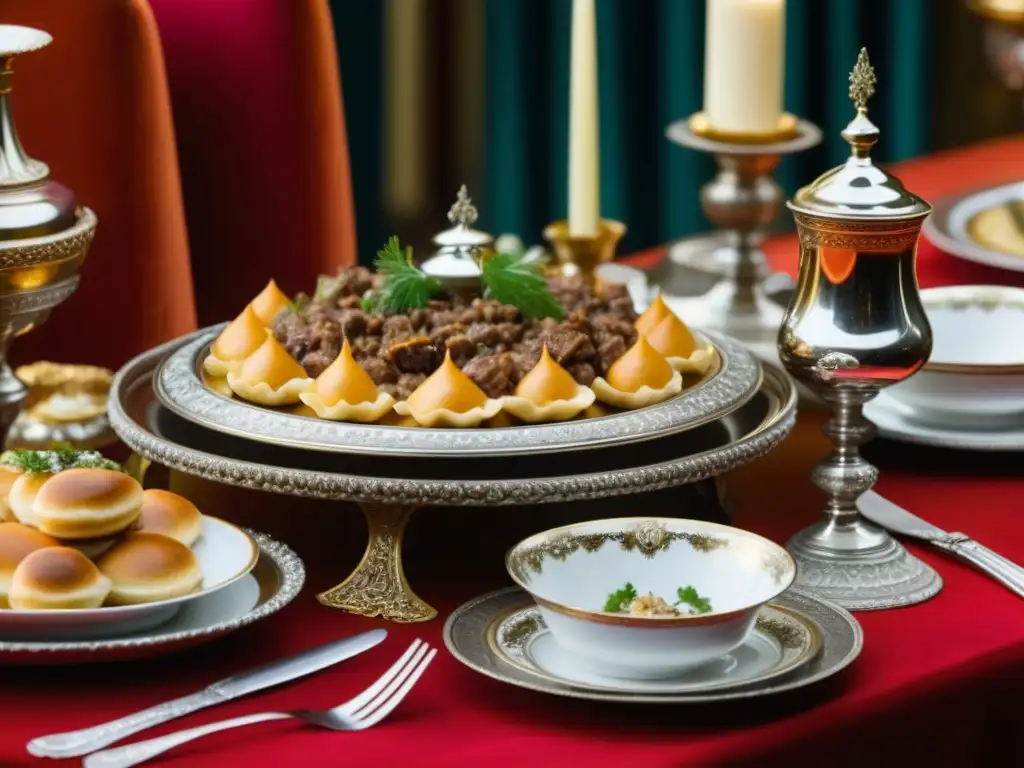 Un banquete zarista ruso con Beef Stroganoff, Piroshki y Blini en platos de plata, rodeado de cubiertos dorados y candelabros