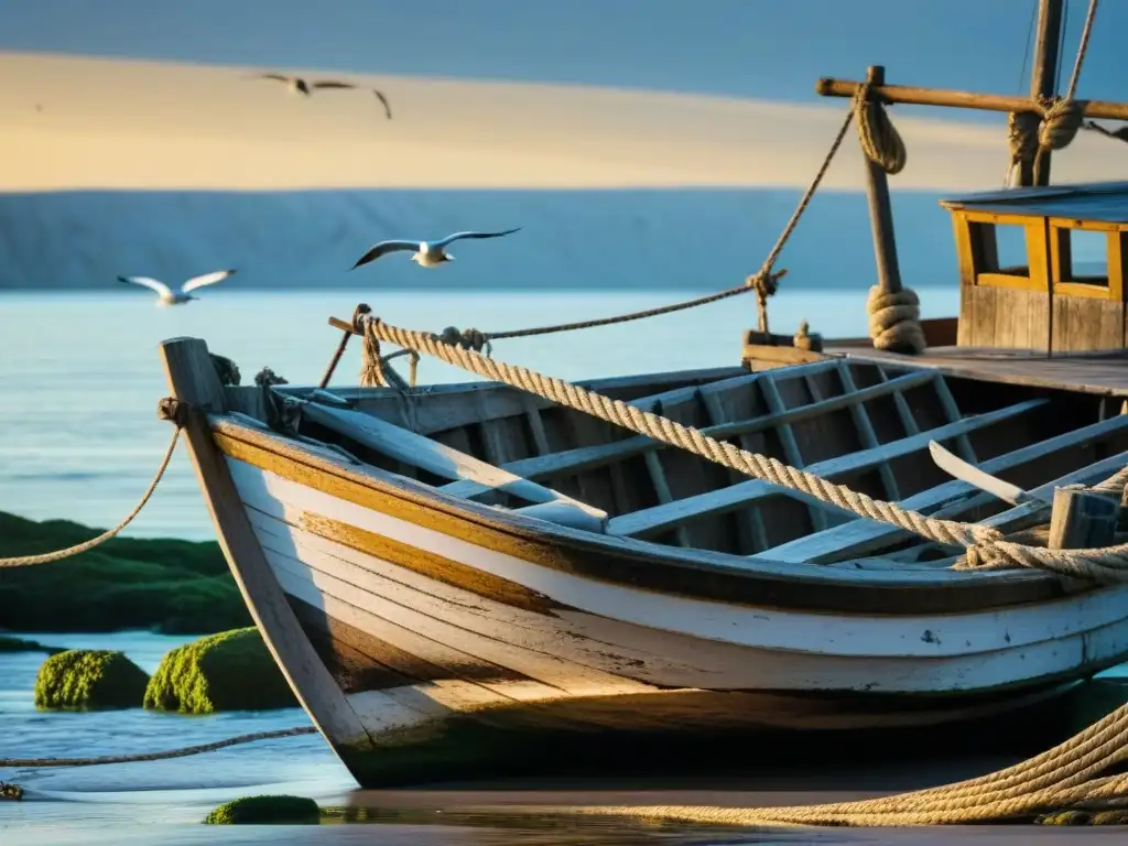 Barca pesquera de madera en una tranquila ensenada costera, rodeada de gaviotas y pescadores preparando redes