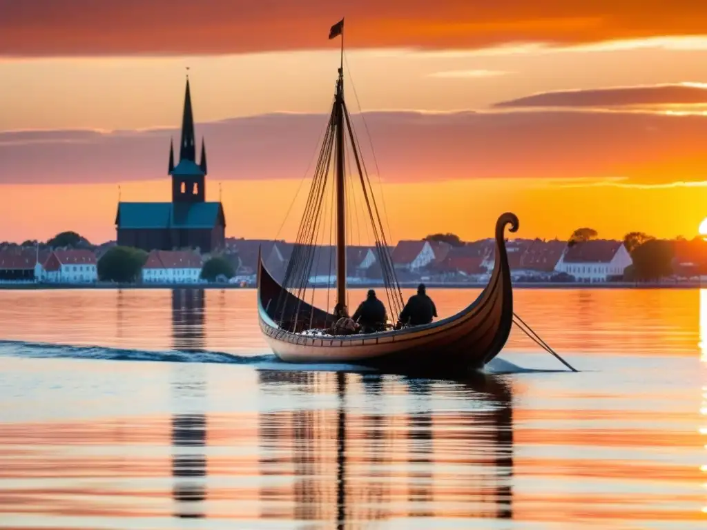 Réplica de un barco vikingo deslizándose en aguas de Roskilde, con la Catedral al fondo bajo un atardecer vibrante