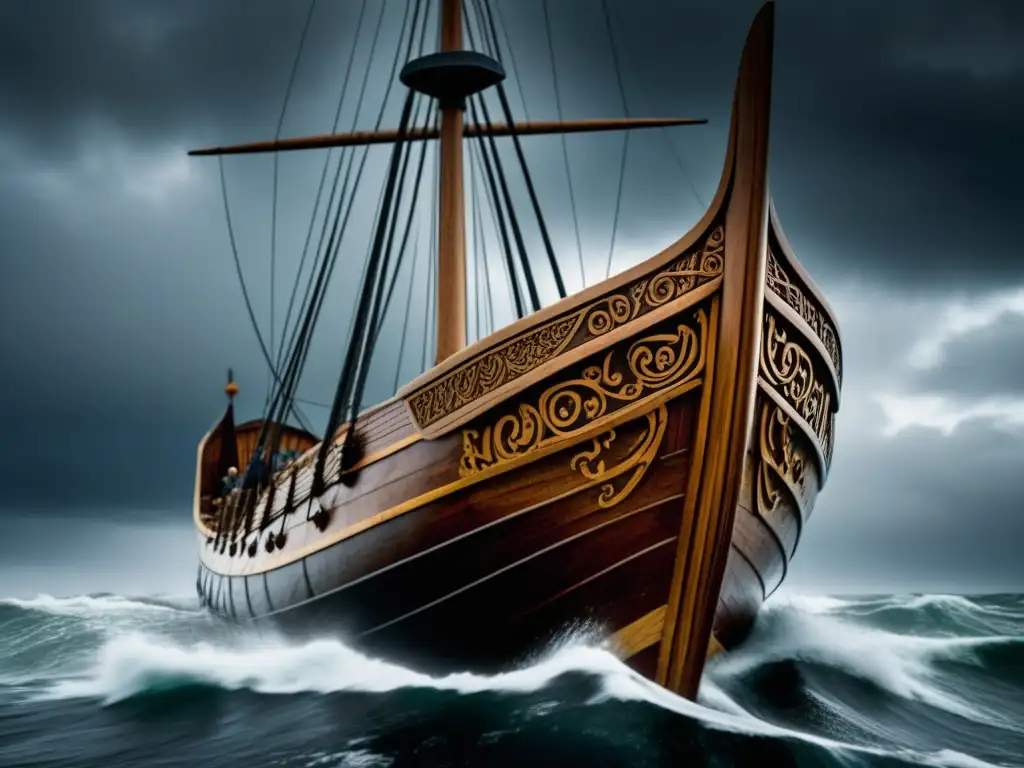 Un barco vikingo navega en aguas turbulentas con detalle en sus tallados de madera