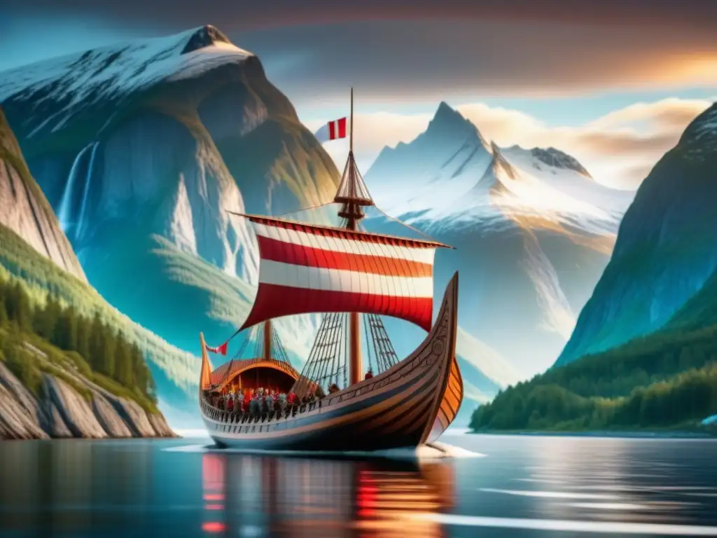 Un barco vikingo en un fiordo noruego con vikingos preparando mead, en un entorno mágico de auroras boreales y montañas nevadas