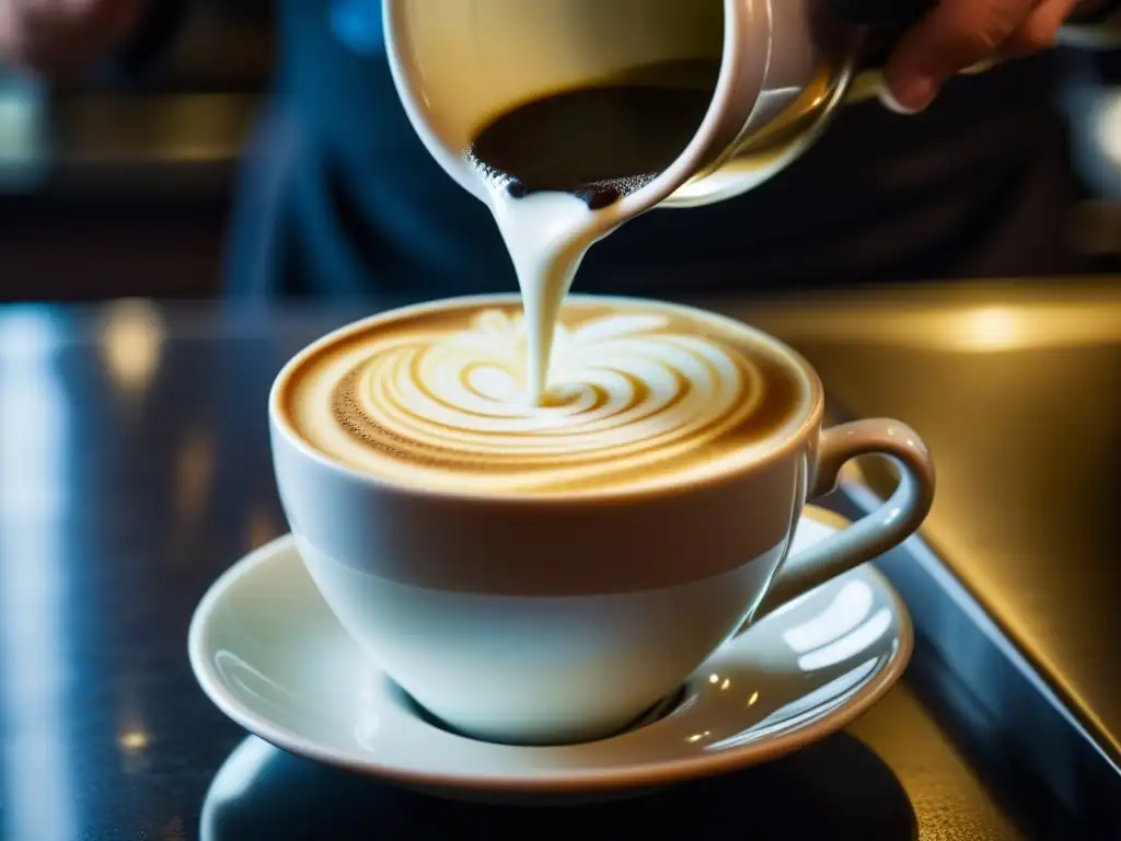 El barista vierte con cuidado leche espumada en una taza de café armenio, mostrando la historia y tradición cultural del café armenio