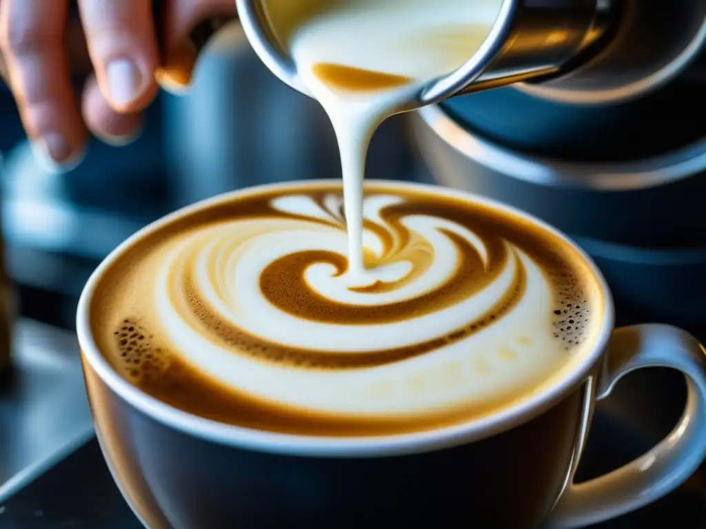 Barista experto creando arte en Salones de té cultura café con café y leche cremosa