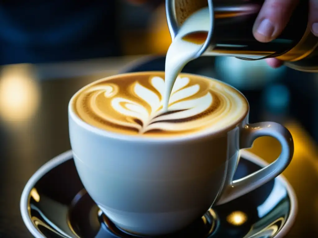 Un barista experto vierte leche en un espresso, creando patrones en la superficie de la taza, destacando la preparación de una especialidad cafetera