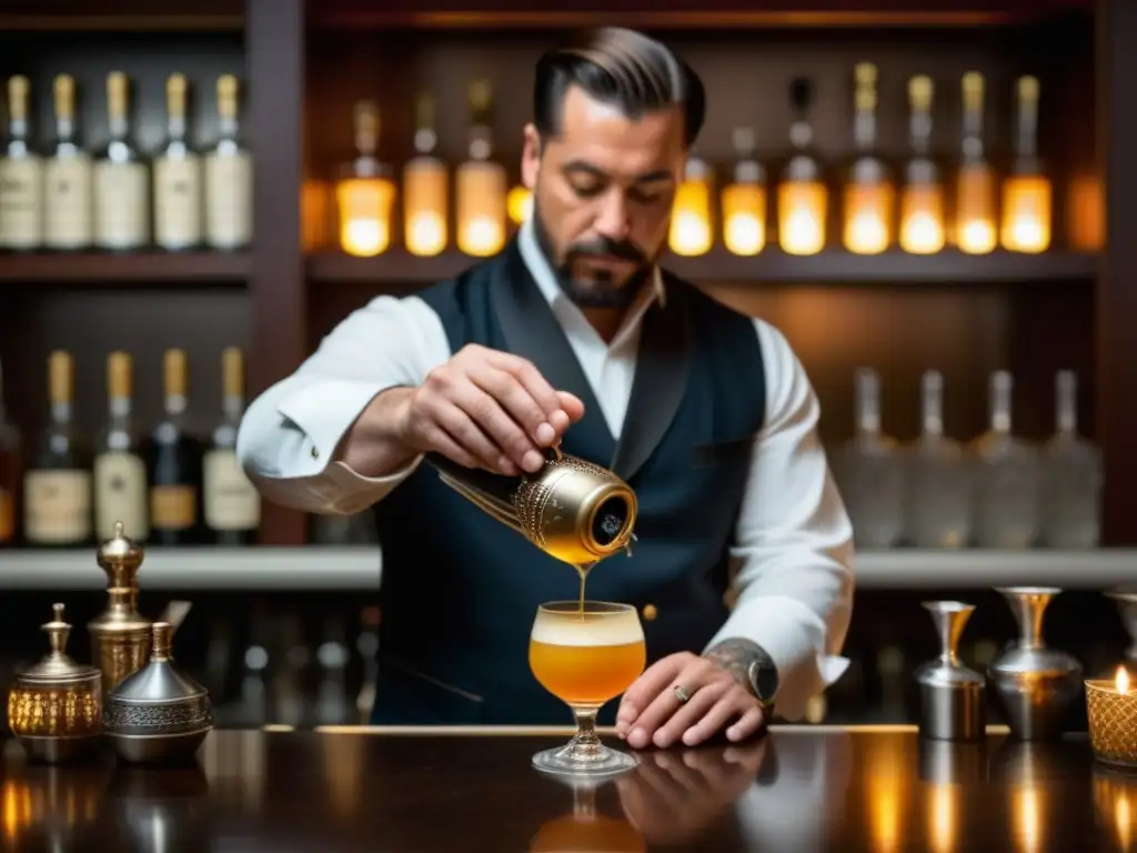 Un barman elaborando un cóctel renacentista con elegancia y detalle, rodeado de ingredientes exóticos y una atmósfera sofisticada