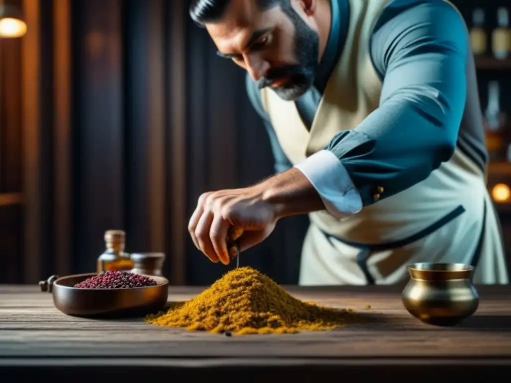 Un barman experto prepara con precisión ingredientes históricos para recetas de cócteles renacentistas en un antiguo mostrador de madera rústica