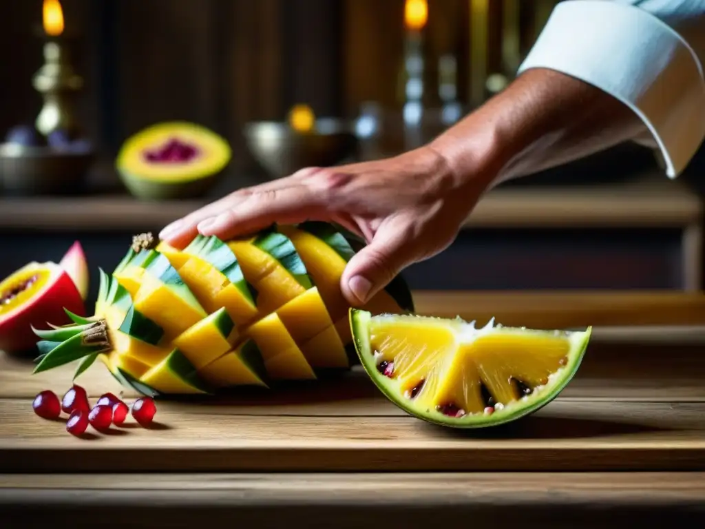 Un barman experto muestra técnicas antiguas cócteles Renacimiento al colocar frutas exóticas en una barra de madera rústica