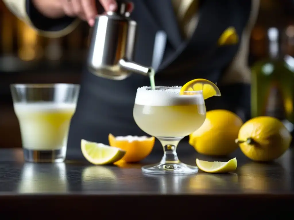 Un barman adorna un Pisco Sour con limón, destacando los detalles de la cáscara